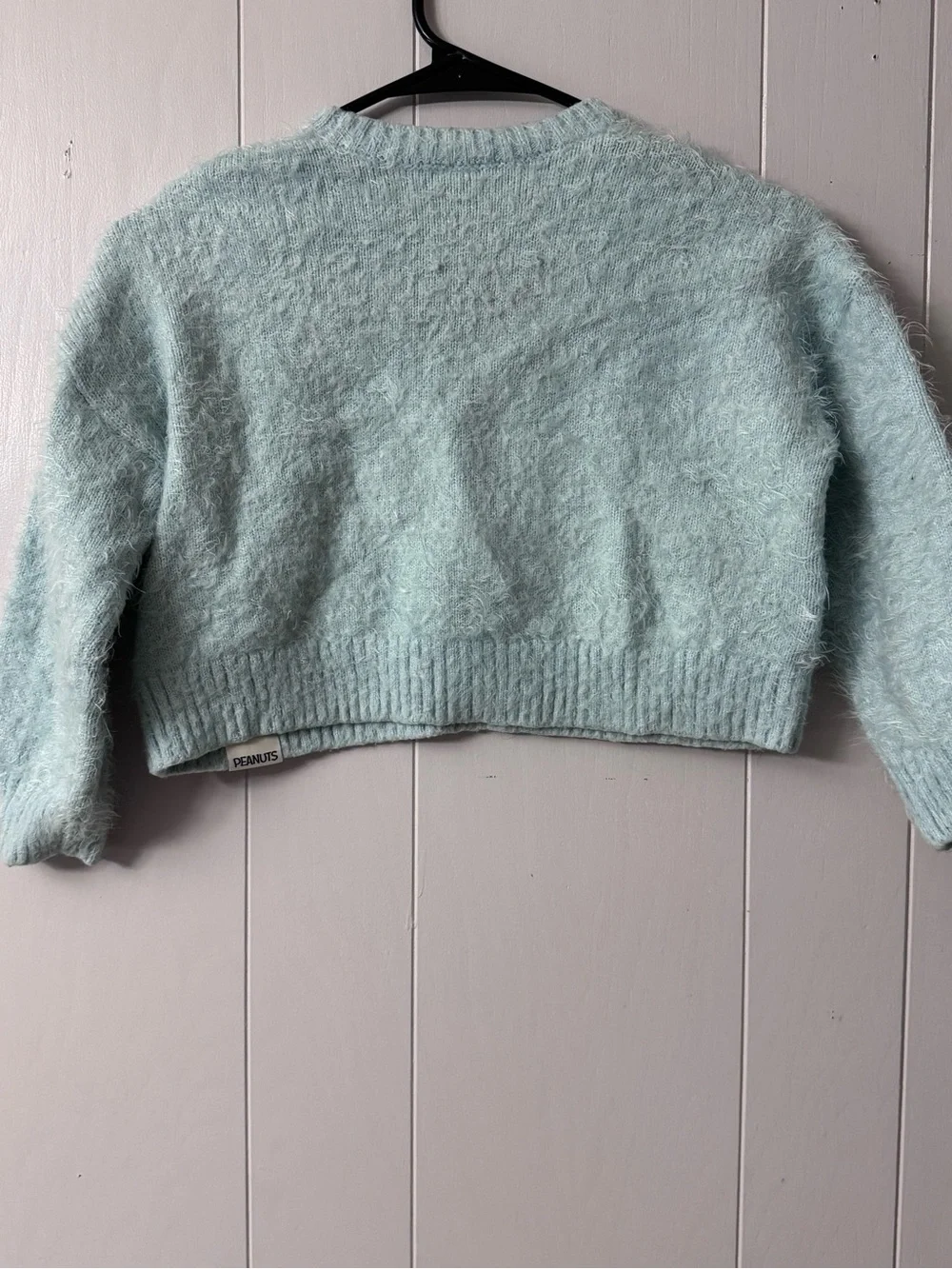 Justice Light Blue Fuzzy Cropped Sweater with Pink & Blue Graphic
